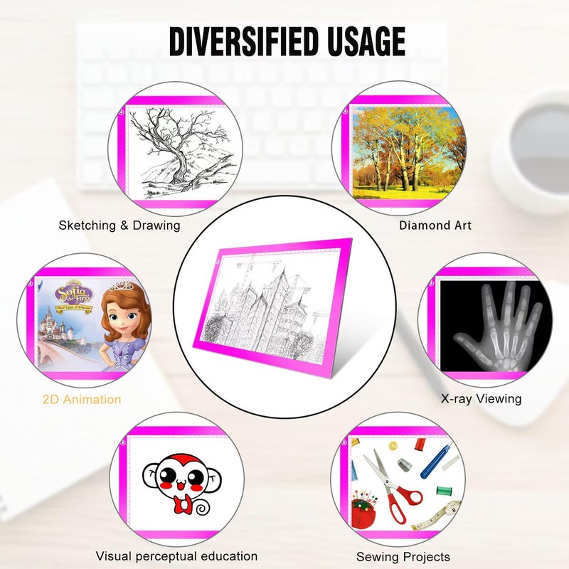 LooEooDoo Pink A4 Dimmable LED Artcraft Light Box Tracer Slim Light Pad Portable Tablet, USB Power Cable Copy Drawing Board Tracing Table for Artists Designing, Animation, Sketching, Stenciling X-ray Viewing - Image 3